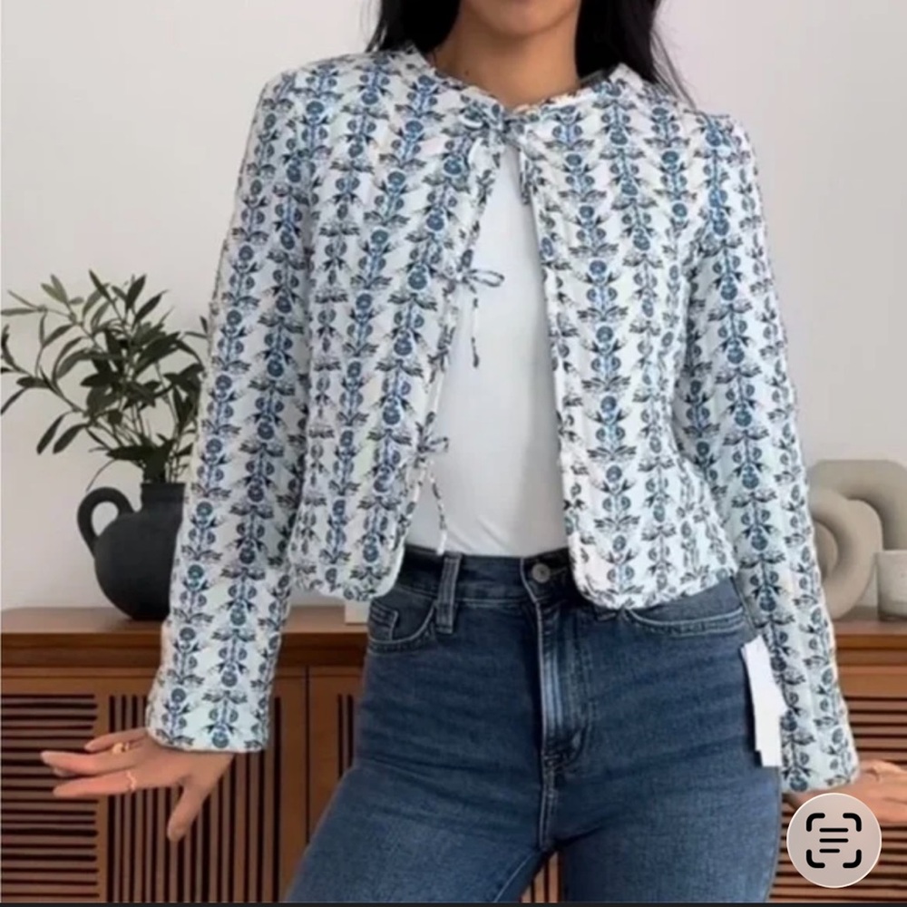 Caroline Constas Blue and White Cropped Floral Tweed Blazer NWT